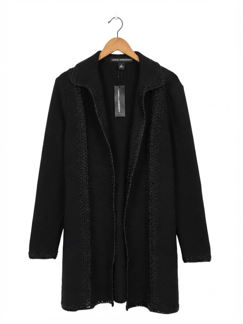 Linda Allard Ellen Tracy Crochet-Trim Black Open-Front Wool Trench Coat Size 14